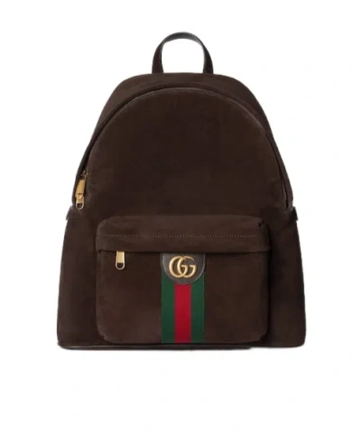Gucci Men Dark Brown Suede Medium Ophidia Backpack In Brown