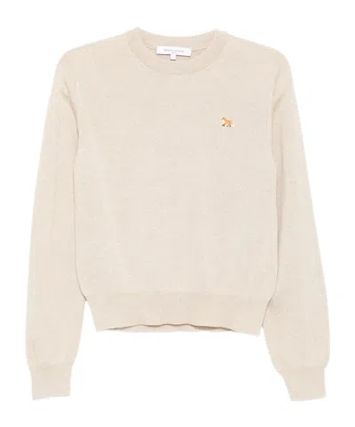 Maison Kitsuné Wool Crew Neck Jumper With Ribbed Cuffs In Neutral