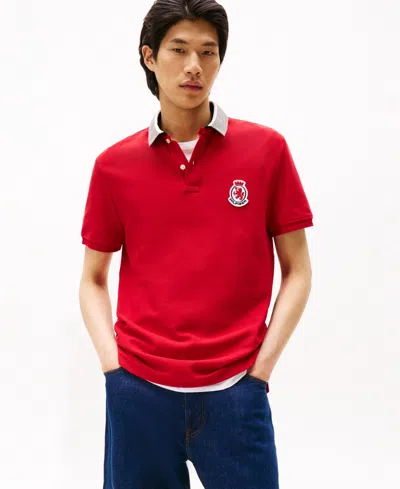 Tommy Hilfiger Men's Regular-fit Herringbone Collar Embroidered Crest Polo Shirt In Red