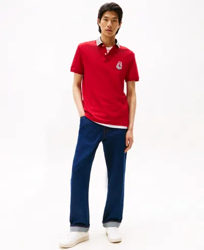 Tommy Hilfiger Men's Regular-fit Herringbone Collar Embroidered Crest Polo Shirt In Red