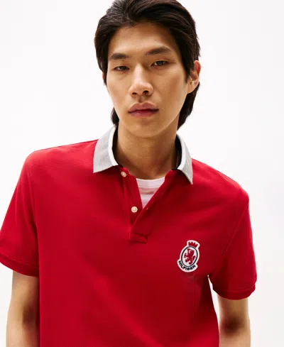 Tommy Hilfiger Men's Regular-fit Herringbone Collar Embroidered Crest Polo Shirt In Red