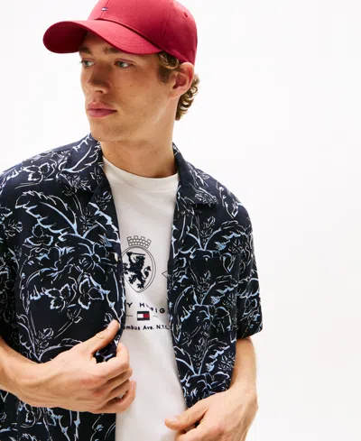 Tommy Hilfiger Men's Patterned Linen Button Up Short Sleeve Shirt In Black