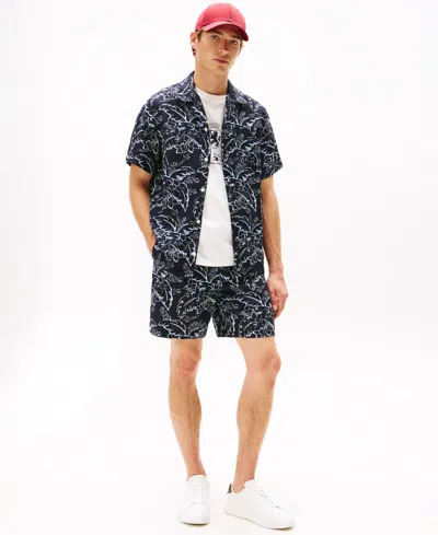 Tommy Hilfiger Men's Patterned Linen Button Up Short Sleeve Shirt In Black