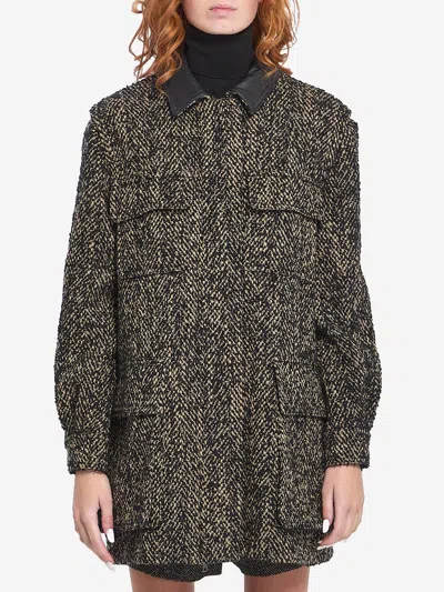 Max Mara Herringbone Pattern Wool Jacket With Leather Collar In Black