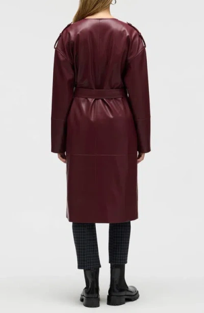 Nvlt Belted Faux Leather Trench Coat In Burgundy