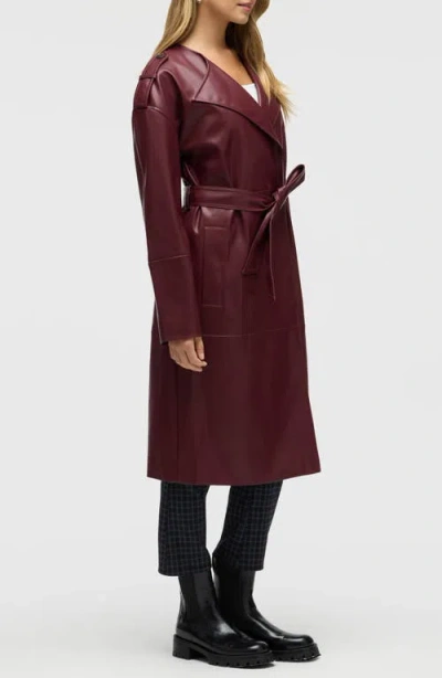 Nvlt Belted Faux Leather Trench Coat In Burgundy