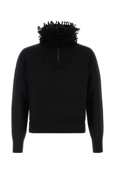Alexander Mcqueen Wool Blend Sweater Featuring Fur Collar In Black