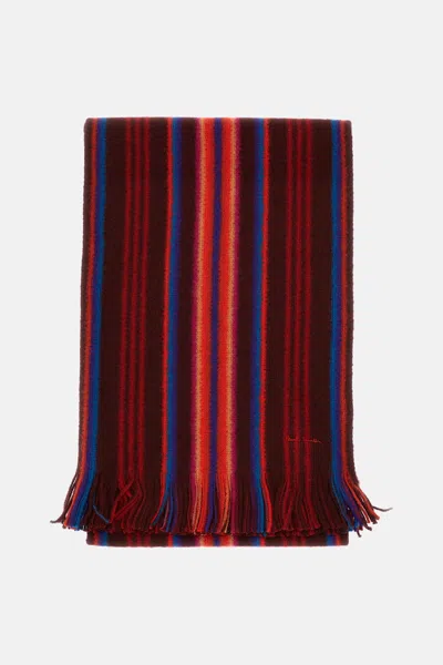 Paul Smith Fringed Merino Wool Scarf With Vertical Stripes In Red