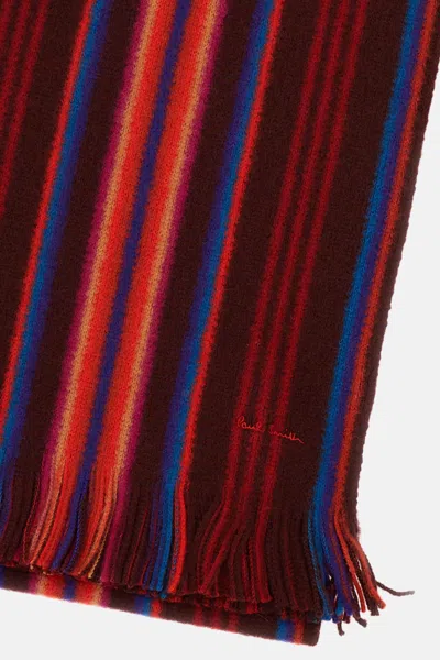 Paul Smith Fringed Merino Wool Scarf With Vertical Stripes In Red