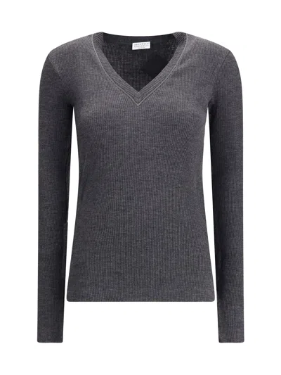 Brunello Cucinelli Long Sleeve Wool Ribbed Jersey T-shirt With Shiny Trim In Gray