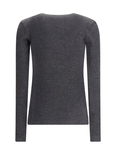Brunello Cucinelli Long Sleeve Wool Ribbed Jersey T-shirt With Shiny Trim In Gray