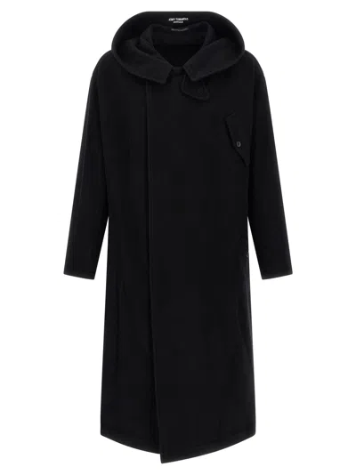 Yohji Yamamoto Belted Hooded Coat Featuring Button Detail In Black