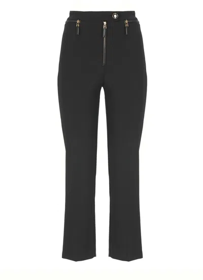 Elisabetta Franchi Straight-leg Cropped Crepe Pants With Gold Accents In Black