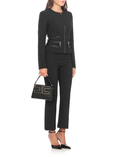 Elisabetta Franchi Straight-leg Cropped Crepe Pants With Gold Accents In Black