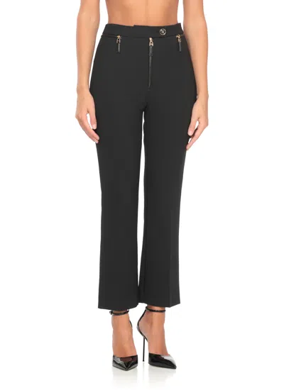 Elisabetta Franchi Straight-leg Cropped Crepe Pants With Gold Accents In Black