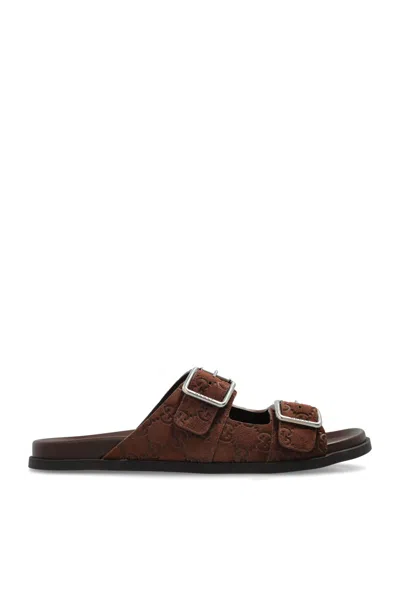 Gucci Suede Slide Sandals Open Toe In Brown