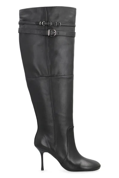Pinko Pointed Toe Knee-high Boots With Decorative Straps In Black