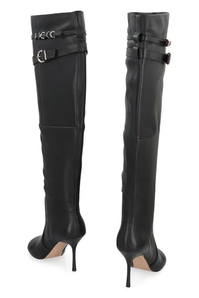 Pinko Pointed Toe Knee-high Boots With Decorative Straps In Black