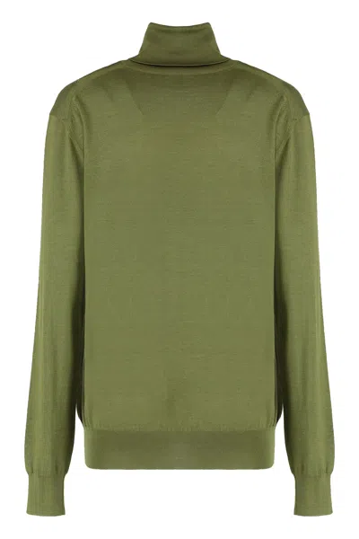 Saint Laurent Turtleneck Sweater With Long Sleeves And Ribbed Edges In Green