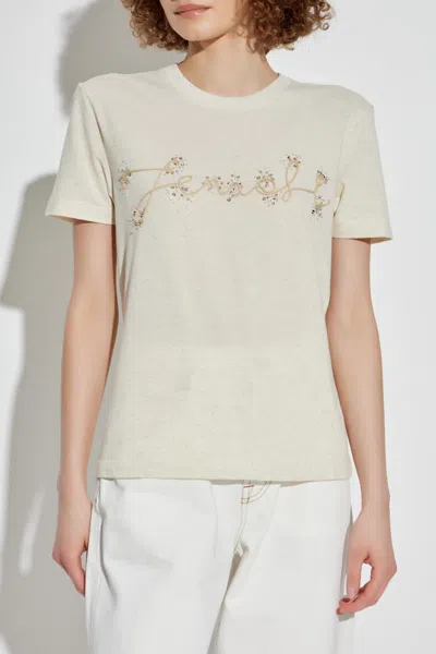 Fendi Beige Cotton And Linen T-shirt With Logo In Neutral