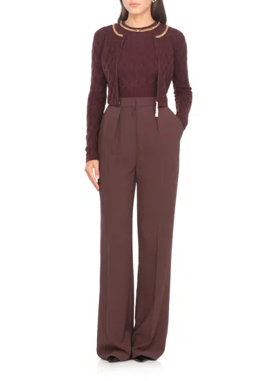 Elisabetta Franchi Bordeaux Pants With Jewel Button Embellishments And Pences In Tech Fabric Stretch Woman In Burgundy