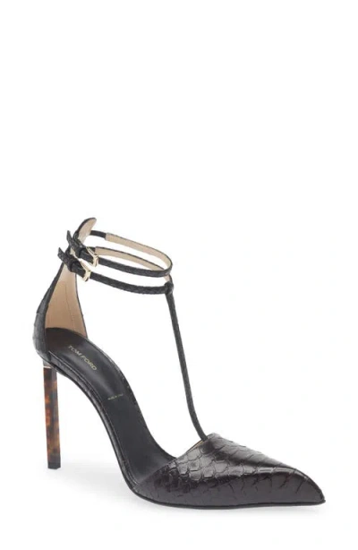 Tom Ford Python Stamped Leather Double Ankle Strap Pumps In Black