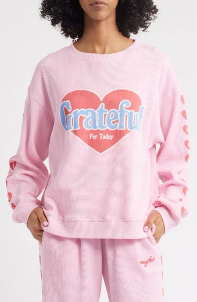 The Mayfair Group Grateful For Today Waffle Knit Fleece Graphic Sweatshirt In Pink