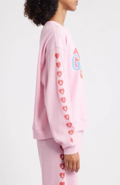 The Mayfair Group Grateful For Today Waffle Knit Fleece Graphic Sweatshirt In Pink