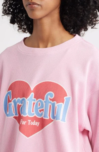 The Mayfair Group Grateful For Today Waffle Knit Fleece Graphic Sweatshirt In Pink