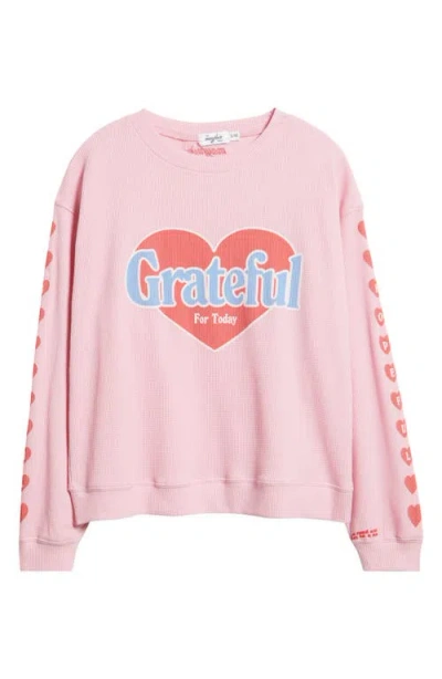 The Mayfair Group Grateful For Today Waffle Knit Fleece Graphic Sweatshirt In Pink