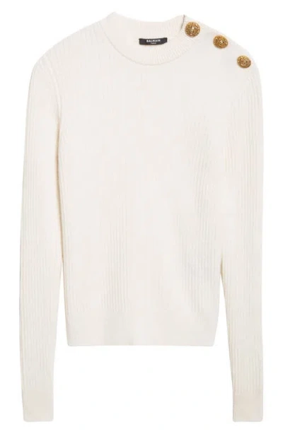 Balmain Button-embellished Ribbed Wool And Cashmere-blend Sweater In Neutral