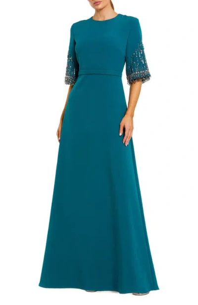Mac Duggal Crepe A Line Gown With Beaded 3/4 Sleeves In Blue