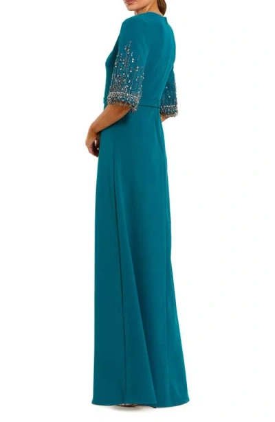 Mac Duggal Crepe A Line Gown With Beaded 3/4 Sleeves In Blue