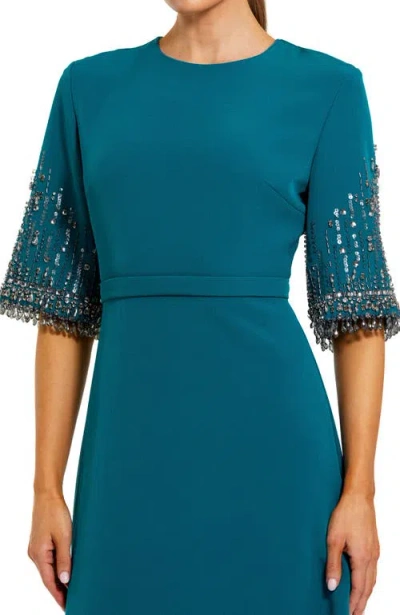 Mac Duggal Crepe A Line Gown With Beaded 3/4 Sleeves In Blue