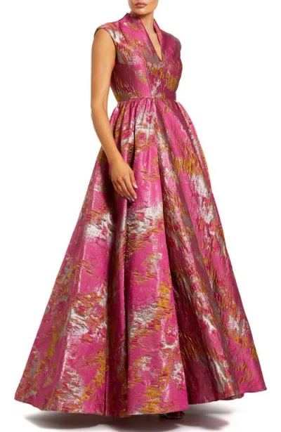 Mac Duggal Metallic Jacquard Ball Gown With Notched Collar And Cap Sleeves In Multi