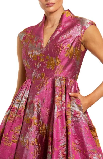 Mac Duggal Metallic Jacquard Ball Gown With Notched Collar And Cap Sleeves In Multi