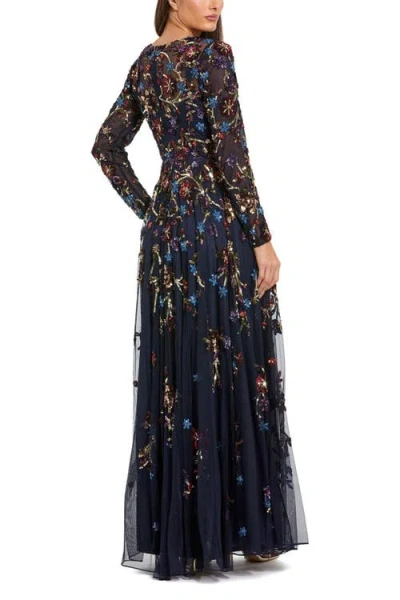 Mac Duggal Beaded Mesh Long Sleeve High Neck A Line Gown In Blue