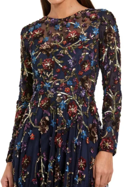 Mac Duggal Beaded Mesh Long Sleeve High Neck A Line Gown In Blue