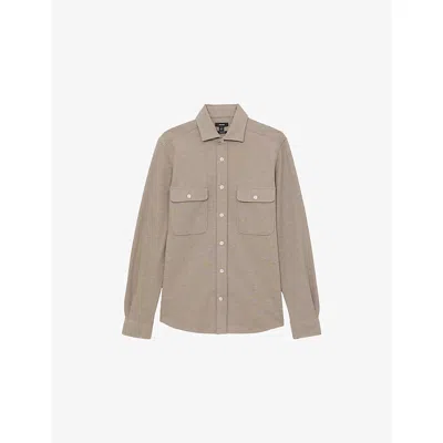Reiss Oatmeal Brown Melange Forsithe Textured Twin Pocket Cotton Blend Overshirt In Silver
