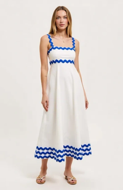 Modenaire Scalloped Strap Maxi Dress With Wave Trim And A-line Silhouette In White