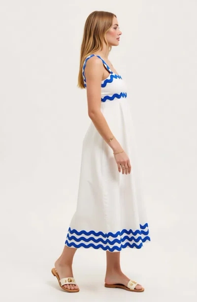 Modenaire Scalloped Strap Maxi Dress With Wave Trim And A-line Silhouette In White