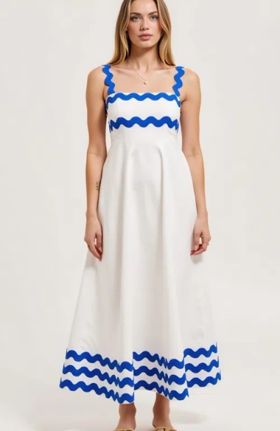 Modenaire Scalloped Strap Maxi Dress With Wave Trim And A-line Silhouette In White