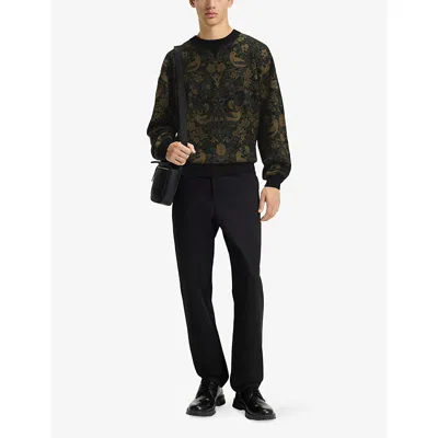 Hugo Boss Mens Black Tapestry Jacquard Relaxed Knitted Jumper Xxl In Brown