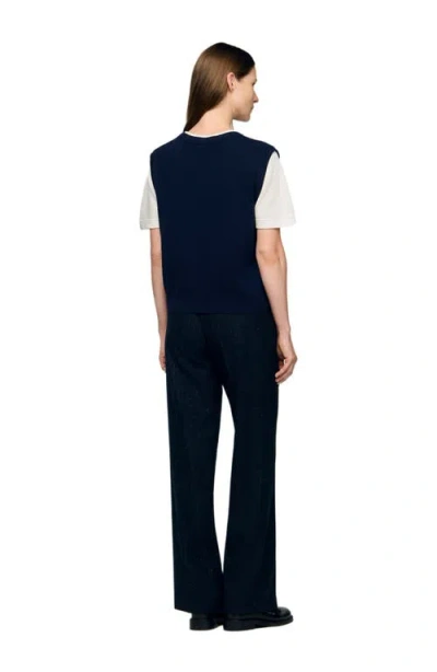 Sandro Womens Navy Blue Argyle Layered-effect Wool And Cashmere-blend Jumper