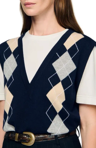 Sandro Womens Navy Blue Argyle Layered-effect Wool And Cashmere-blend Jumper
