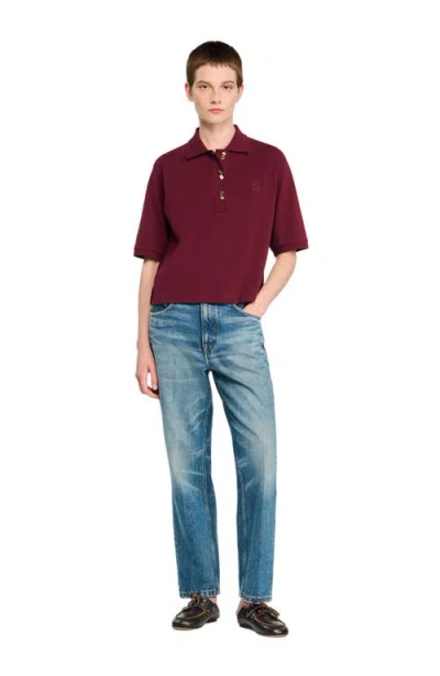 Sandro Womens Bordeaux Button-embellished Embroidered Cotton Polo Shirt In Burgundy