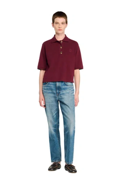 Sandro Womens Bordeaux Button-embellished Embroidered Cotton Polo Shirt In Burgundy