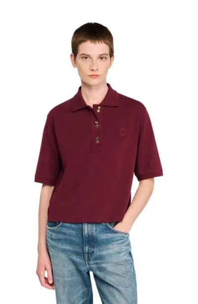 Sandro Womens Bordeaux Button-embellished Embroidered Cotton Polo Shirt In Burgundy