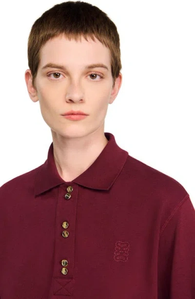 Sandro Womens Bordeaux Button-embellished Embroidered Cotton Polo Shirt In Burgundy