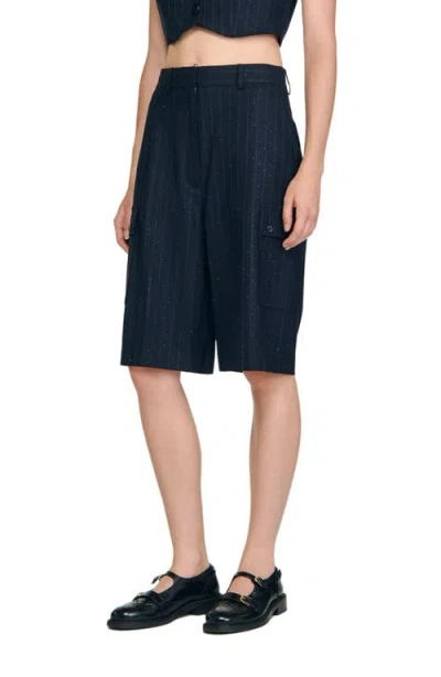 Sandro Rhinestone Pinstripe Long Shorts In Blue